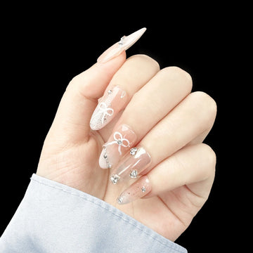 10Pcs Pink Handmade Press on Nails Full Cover Bow Tie Rhinestone Design French Fake Nails Wearable Manicure Nail Tips Art